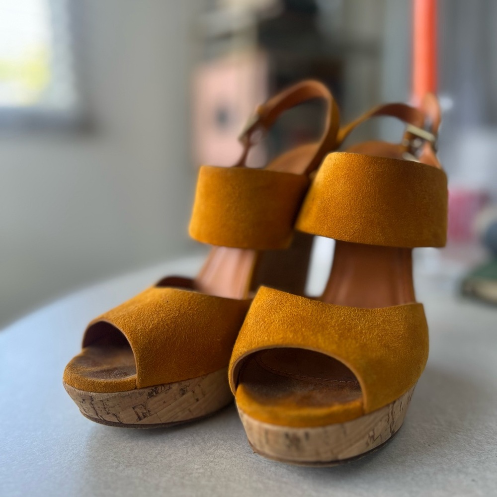 Yves Saint Laurent | YSL | Deauville Cork Heel Wedge Sandals | Yellow Marigold - Picture 4 of 8